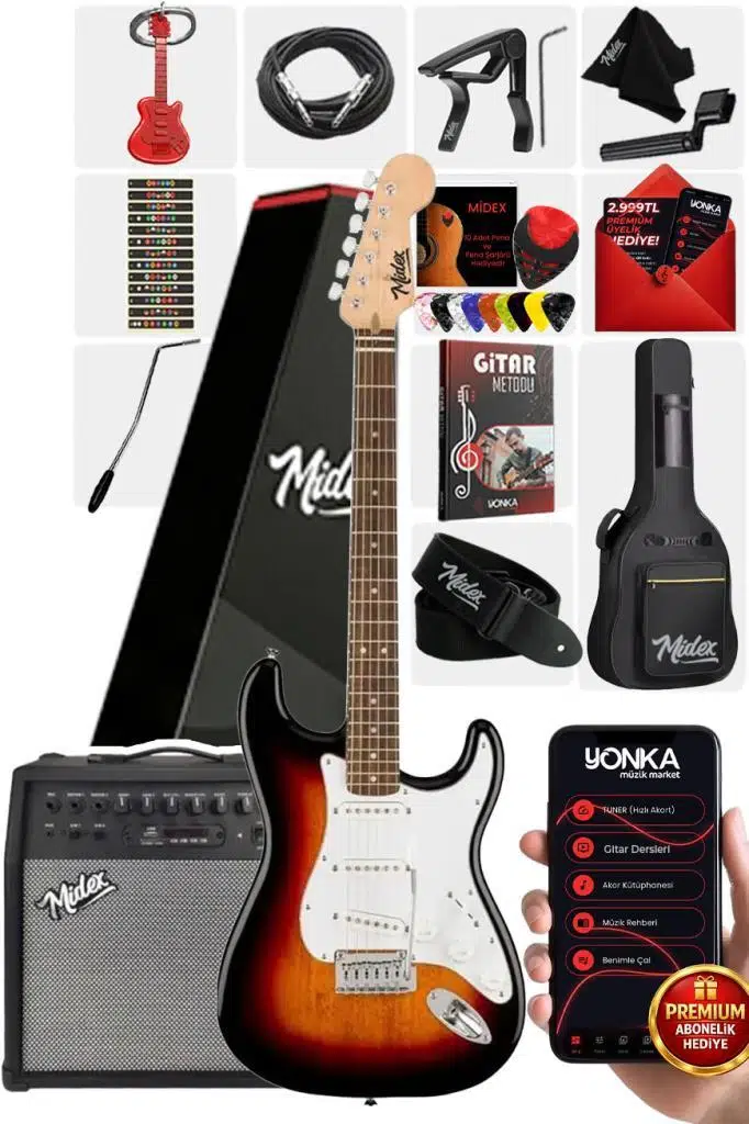 Midex RPH-30SB-50AMP Gül Klavye SSS 50W Amfili Elektro Gitar Seti Midex RPH-30SB-50AMP Gül Klavye SSS 50W Amfili Elektro Gitar Seti