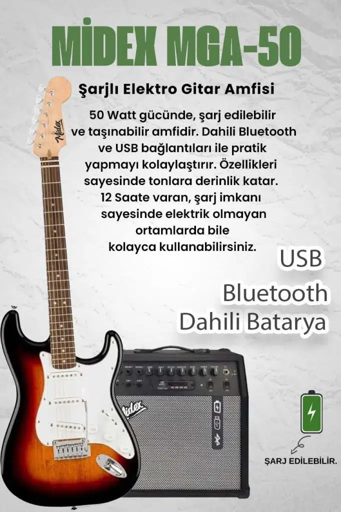 Midex RPH-30SB-50AMP Gül Klavye SSS 50W Amfili Elektro Gitar Seti Midex RPH-30SB-50AMP Gül Klavye SSS 50W Amfili Elektro Gitar Seti