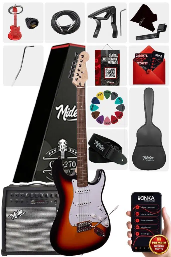 Midex RPH-30SB-50AMP Gül Klavye SSS 50W Amfili Elektro Gitar Seti Midex RPH-30SB-50AMP Gül Klavye SSS 50W Amfili Elektro Gitar Seti