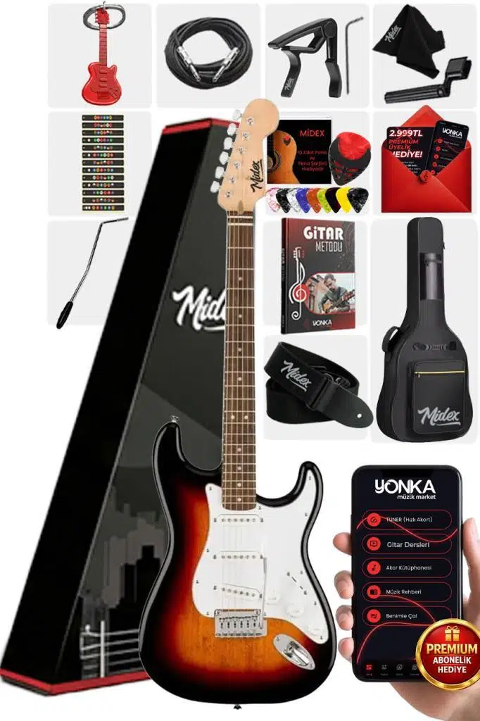 Midex RPH-30SB Gül Klavye Strat Kasa SSS Elektro Gitar Seti Midex RPH-30SB Gül Klavye Strat Kasa SSS Elektro Gitar Seti