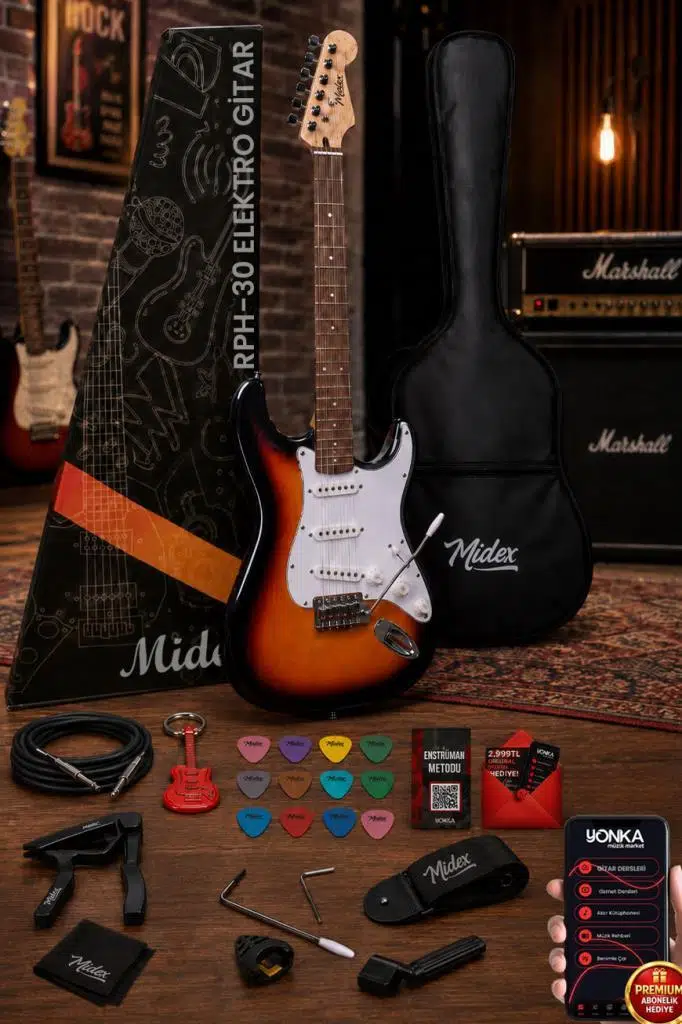 Midex RPH-30SB Gül Klavye Strat Kasa SSS Elektro Gitar Seti Midex RPH-30SB Gül Klavye Strat Kasa SSS Elektro Gitar Seti
