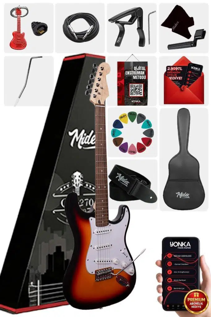 Midex RPH-30SB Gül Klavye Strat Kasa SSS Elektro Gitar Seti Midex RPH-30SB Gül Klavye Strat Kasa SSS Elektro Gitar Seti
