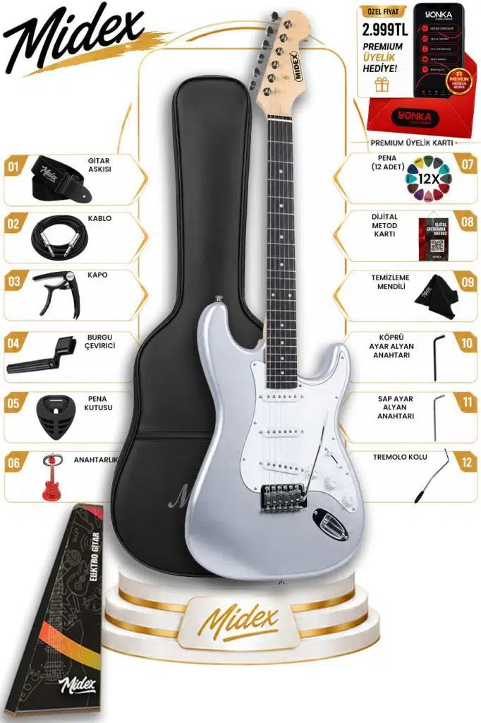 Midex RPH-30SL Gül Klavye Silver Strat Kasa SSS Elektro Gitar Seti Midex RPH-30SL Gül Klavye Silver Strat Kasa SSS Elektro Gitar Seti