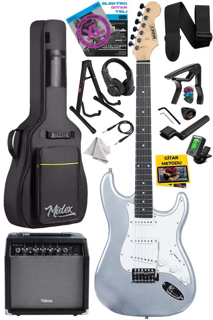 Midex RPH-30SL-ST Gül Klavye Silver Strat Kasa SSS Elektro Gitar Seti