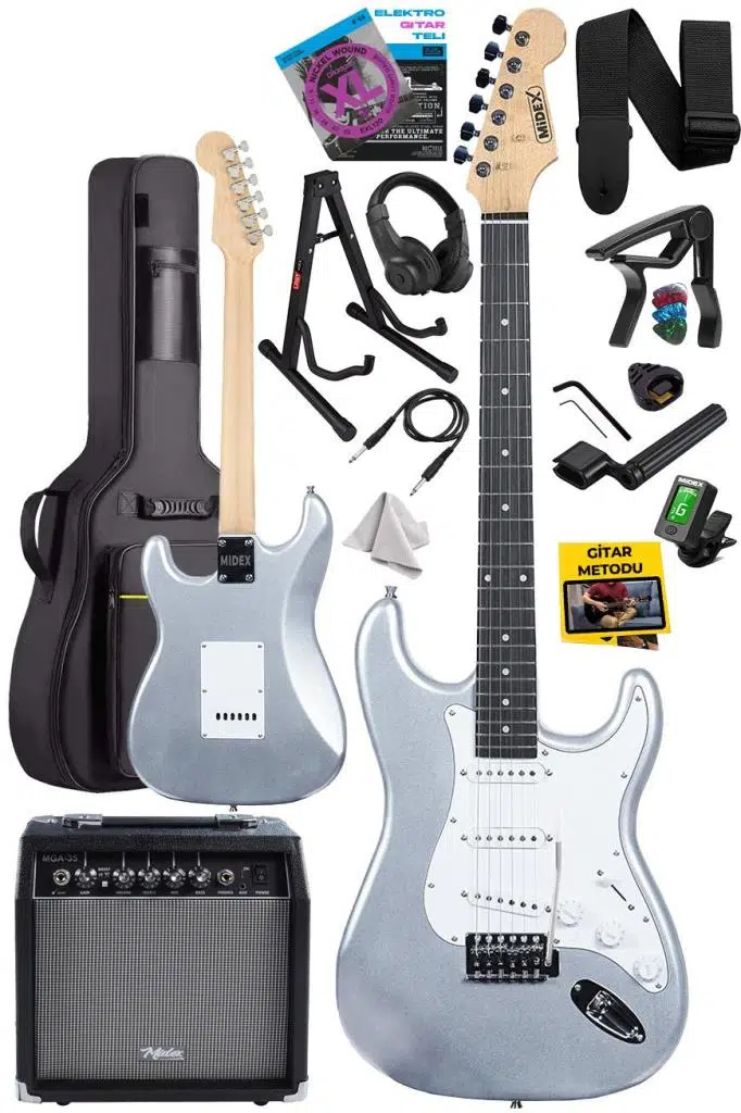 Midex RPH-30SL-ST Gül Klavye Silver Strat Kasa SSS Elektro Gitar Seti