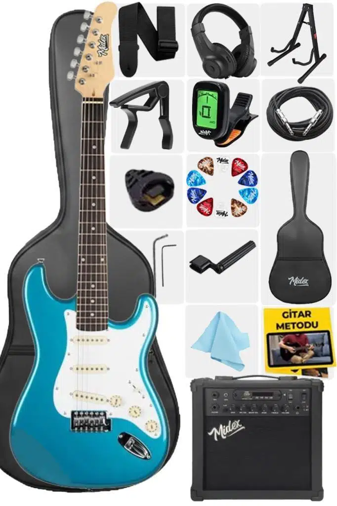 Midex RPH-30TR-25AMP Turkuaz Renk Strat Kasa SSS 25W Amfili Elektro Gitar Seti Midex RPH-30TR-25AMP Turkuaz Renk Strat Kasa SSS 25W Amfili Elektro Gitar Seti