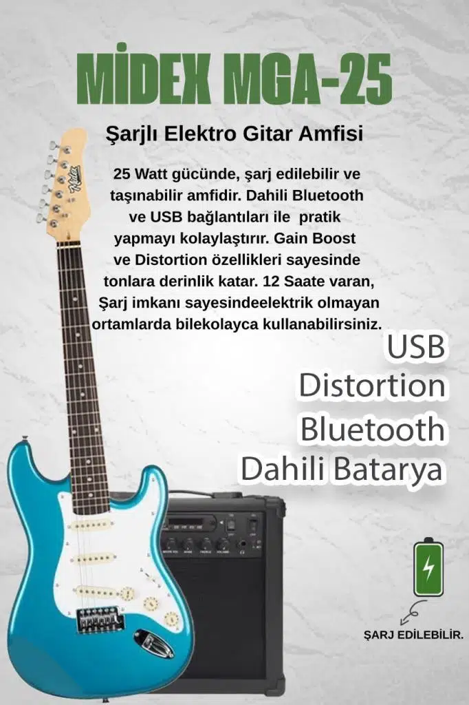Midex RPH-30TR-25AMP Turkuaz Renk Strat Kasa SSS 25W Amfili Elektro Gitar Seti Midex RPH-30TR-25AMP Turkuaz Renk Strat Kasa SSS 25W Amfili Elektro Gitar Seti