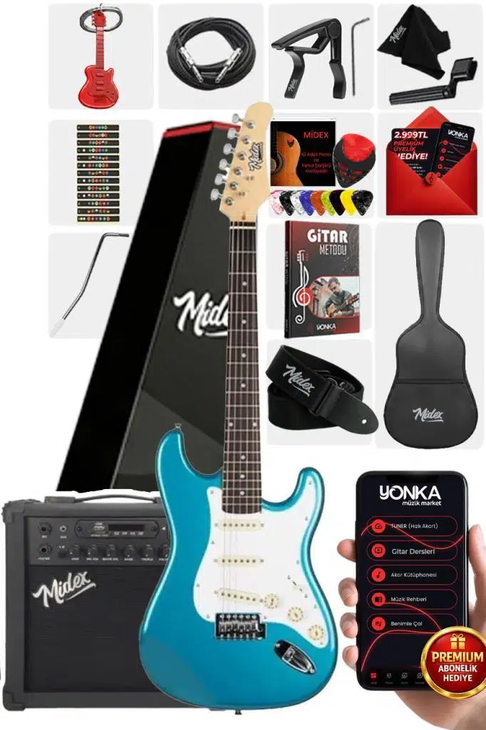 Midex RPH-30TR-25AMP Turkuaz Renk Strat Kasa SSS 25W Amfili Elektro Gitar Seti Midex RPH-30TR-25AMP Turkuaz Renk Strat Kasa SSS 25W Amfili Elektro Gitar Seti