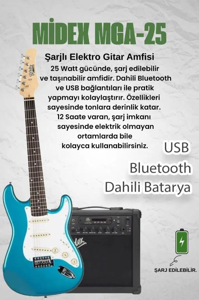 Midex RPH-30TR-25AMP Turkuaz Renk Strat Kasa SSS 25W Amfili Elektro Gitar Seti Midex RPH-30TR-25AMP Turkuaz Renk Strat Kasa SSS 25W Amfili Elektro Gitar Seti