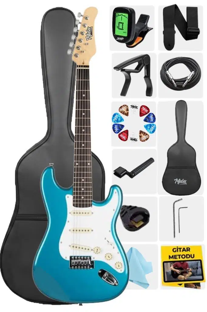 Midex RPH-30TR Turkuaz Renk Gül Klavye Strat Kasa SSS Elektro Gitar Seti Midex RPH-30TR Turkuaz Renk Gül Klavye Strat Kasa SSS Elektro Gitar Seti