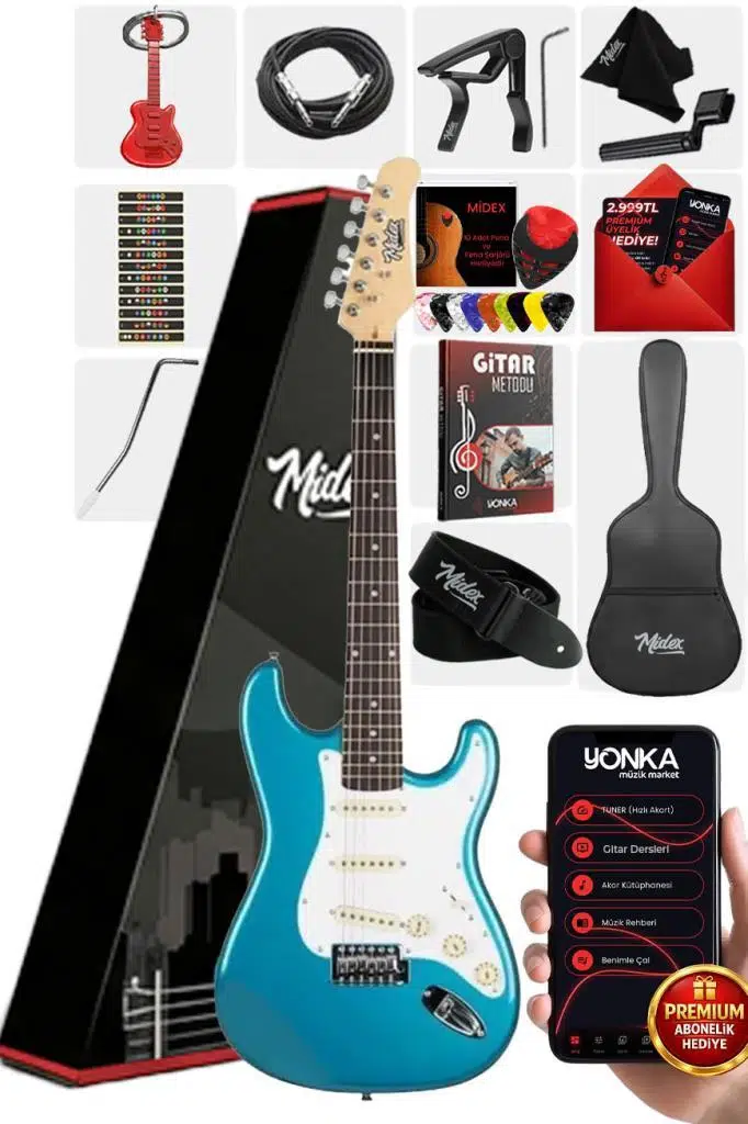 Midex RPH-30TR Turkuaz Renk Gül Klavye Strat Kasa SSS Elektro Gitar Seti Midex RPH-30TR Turkuaz Renk Gül Klavye Strat Kasa SSS Elektro Gitar Seti