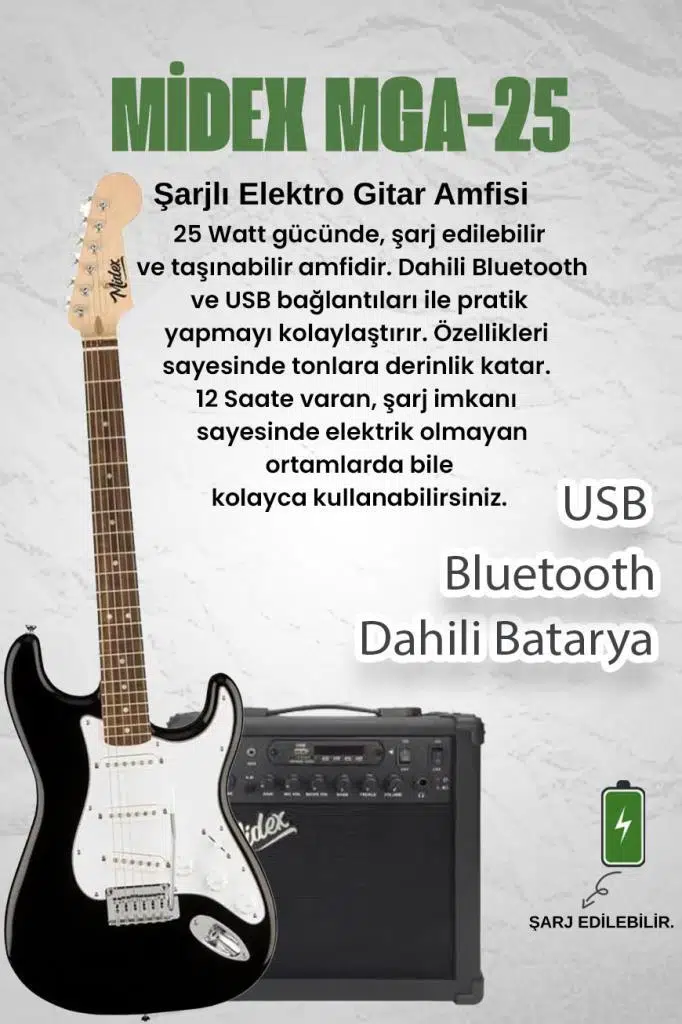 Midex RPH-30WB-25AMP Gül Klavye SSS 25W Amfili Elektro Gitar Seti