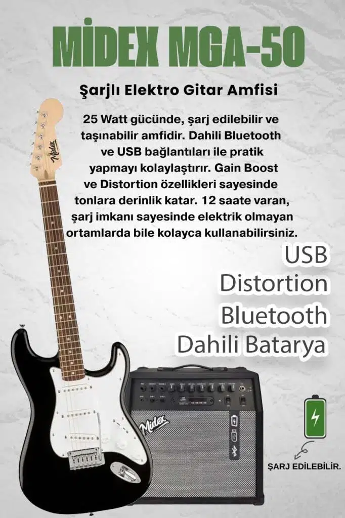 Midex RPH-30WB-50AMP Gül Klavye SSS 50W Amfili Elektro Gitar Seti