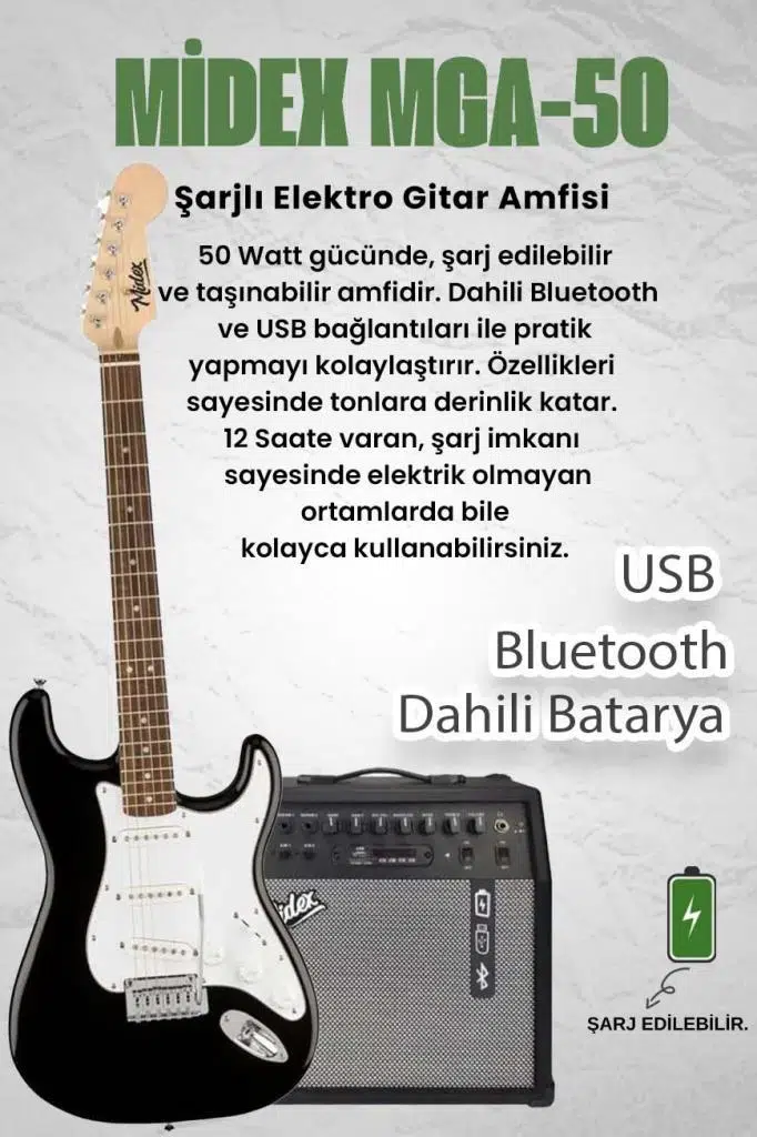 Midex RPH-30WB-50AMP Gül Klavye SSS 50W Amfili Elektro Gitar Seti