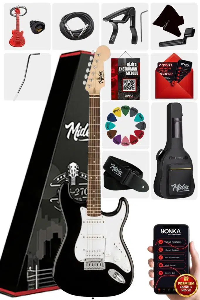 Midex RPH-30WB Gül Klavye Strat Kasa SSS Elektro Gitar Seti Midex RPH-30WB Gül Klavye Strat Kasa SSS Elektro Gitar Seti