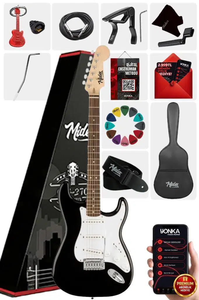 Midex RPH-30WB Gül Klavye Strat Kasa SSS Elektro Gitar Seti Midex RPH-30WB Gül Klavye Strat Kasa SSS Elektro Gitar Seti
