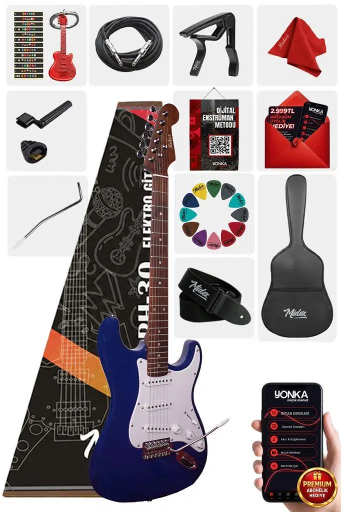 Midex RPH-30WBL Mavi Beyaz Gül Klavye Strat Kasa SSS Elektro Gitar Seti Midex RPH-30WBL Mavi Beyaz Gül Klavye Strat Kasa SSS Elektro Gitar Seti
