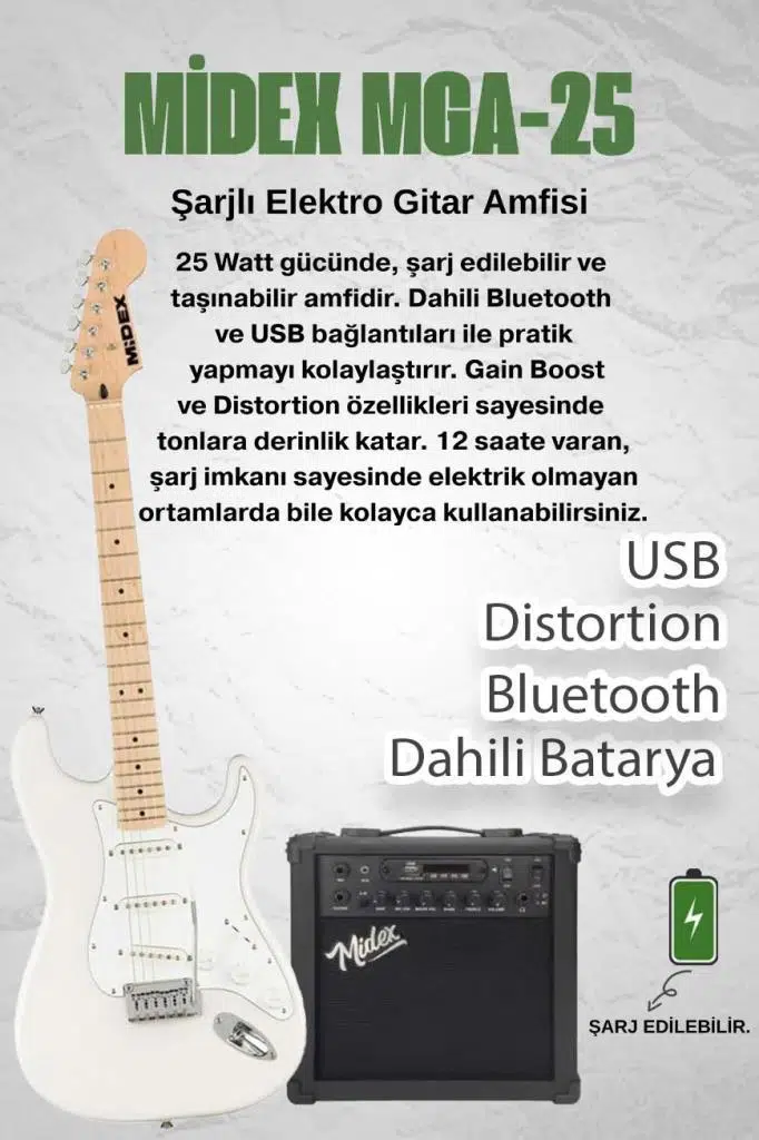 Midex RPH-30WH-25AMP Maple Klavye SSS 25W Amfili Elektro Gitar Seti Midex RPH-30WH-25AMP Maple Klavye SSS 25W Amfili Elektro Gitar Seti