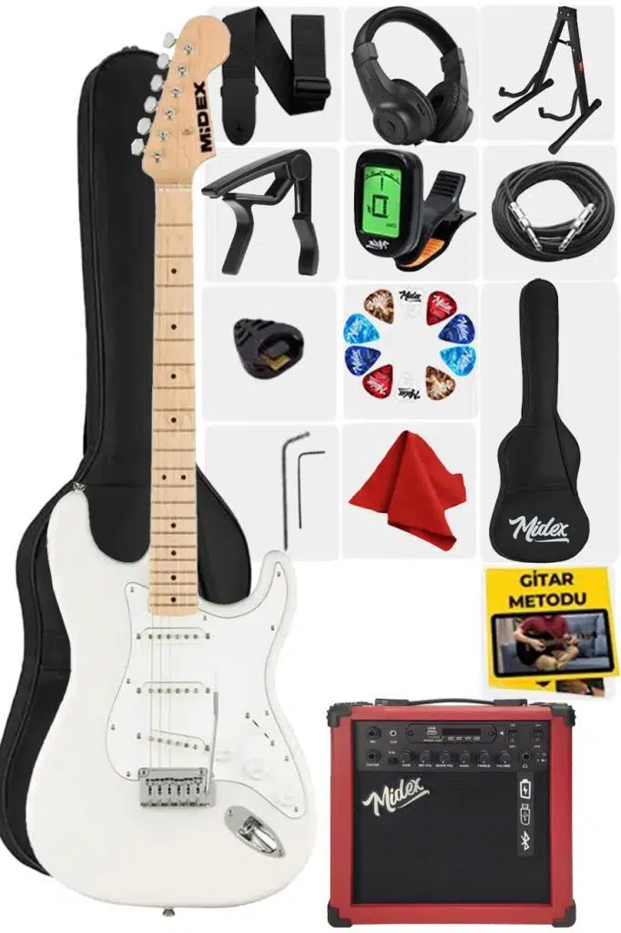Midex RPH-30WH-25AMP Maple Klavye SSS 25W Amfili Elektro Gitar Seti Midex RPH-30WH-25AMP Maple Klavye SSS 25W Amfili Elektro Gitar Seti