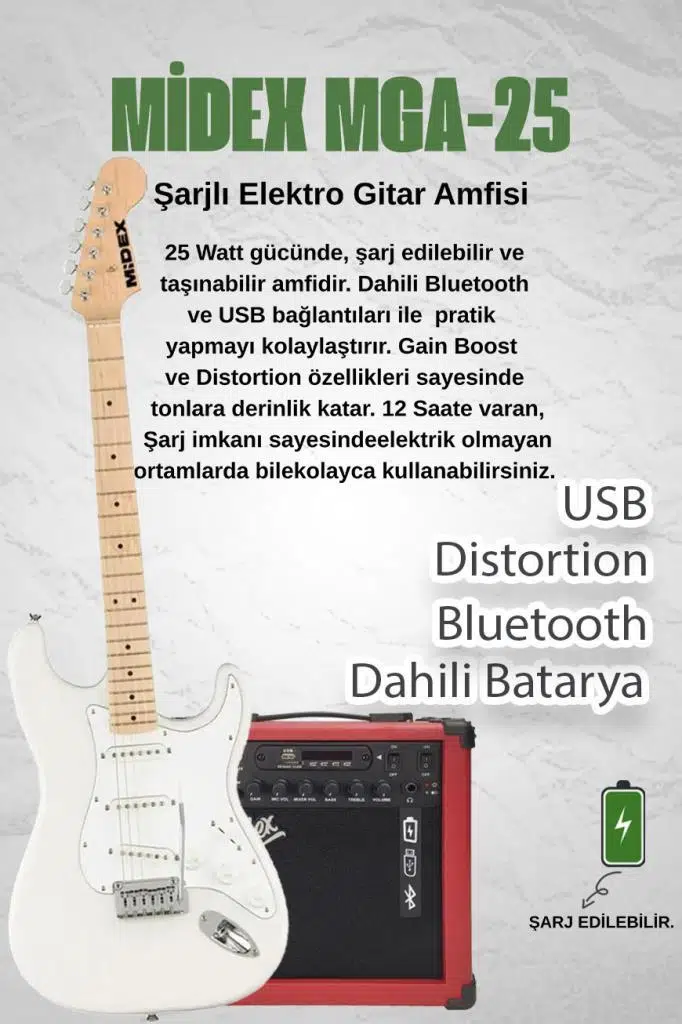 Midex RPH-30WH-25AMP Maple Klavye SSS 25W Amfili Elektro Gitar Seti Midex RPH-30WH-25AMP Maple Klavye SSS 25W Amfili Elektro Gitar Seti