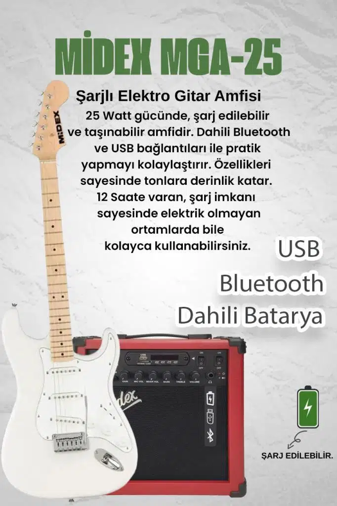 Midex RPH-30WH-25AMP Maple Klavye SSS 25W Amfili Elektro Gitar Seti