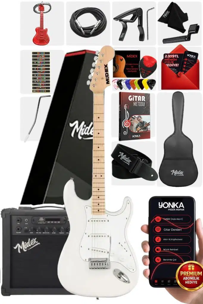 Midex RPH-30WH-25AMP Maple Klavye SSS 25W Amfili Elektro Gitar Seti Midex RPH-30WH-25AMP Maple Klavye SSS 25W Amfili Elektro Gitar Seti