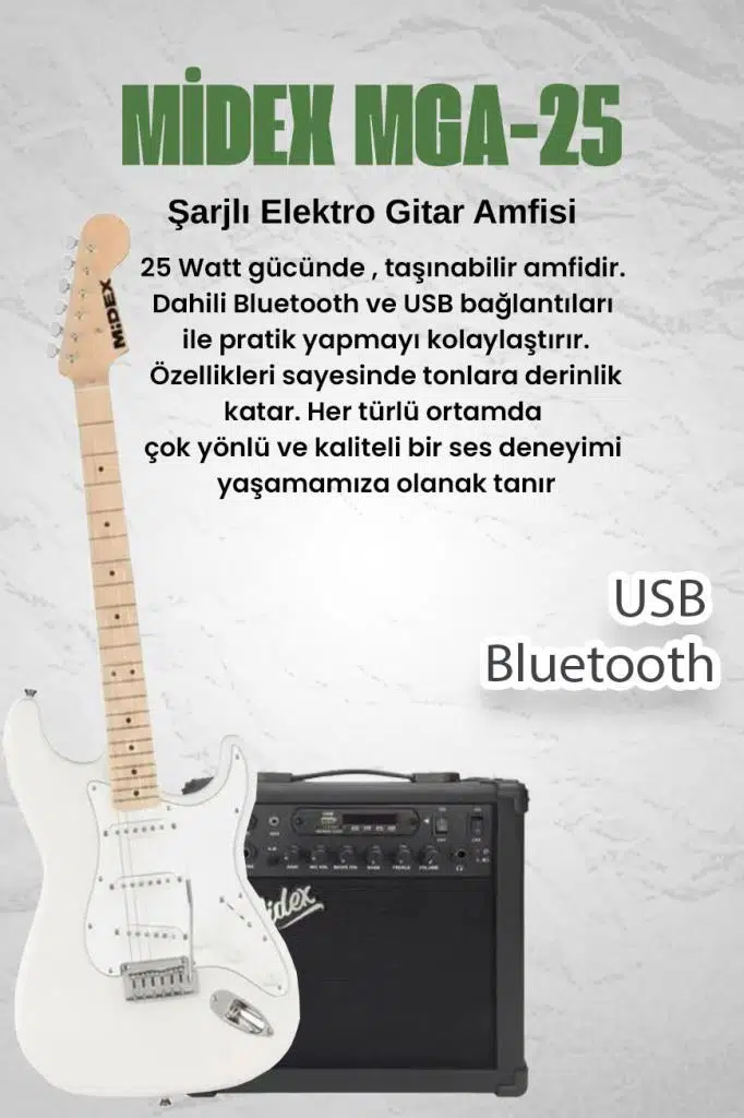 Midex RPH-30WH-25AMP Maple Klavye SSS 25W Amfili Elektro Gitar Seti Midex RPH-30WH-25AMP Maple Klavye SSS 25W Amfili Elektro Gitar Seti