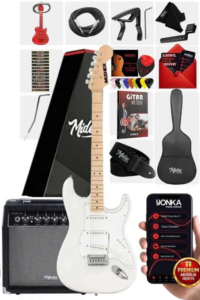 Midex RPH-30WH-35AMP Maple Klavye Strat Kasa SSS 35W Elektro Gitar Seti Midex RPH-30WH-35AMP Maple Klavye Strat Kasa SSS 35W Elektro Gitar Seti