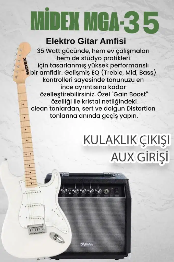 Midex RPH-30WH-35AMP Maple Klavye Strat Kasa SSS 35W Elektro Gitar Seti Midex RPH-30WH-35AMP Maple Klavye Strat Kasa SSS 35W Elektro Gitar Seti