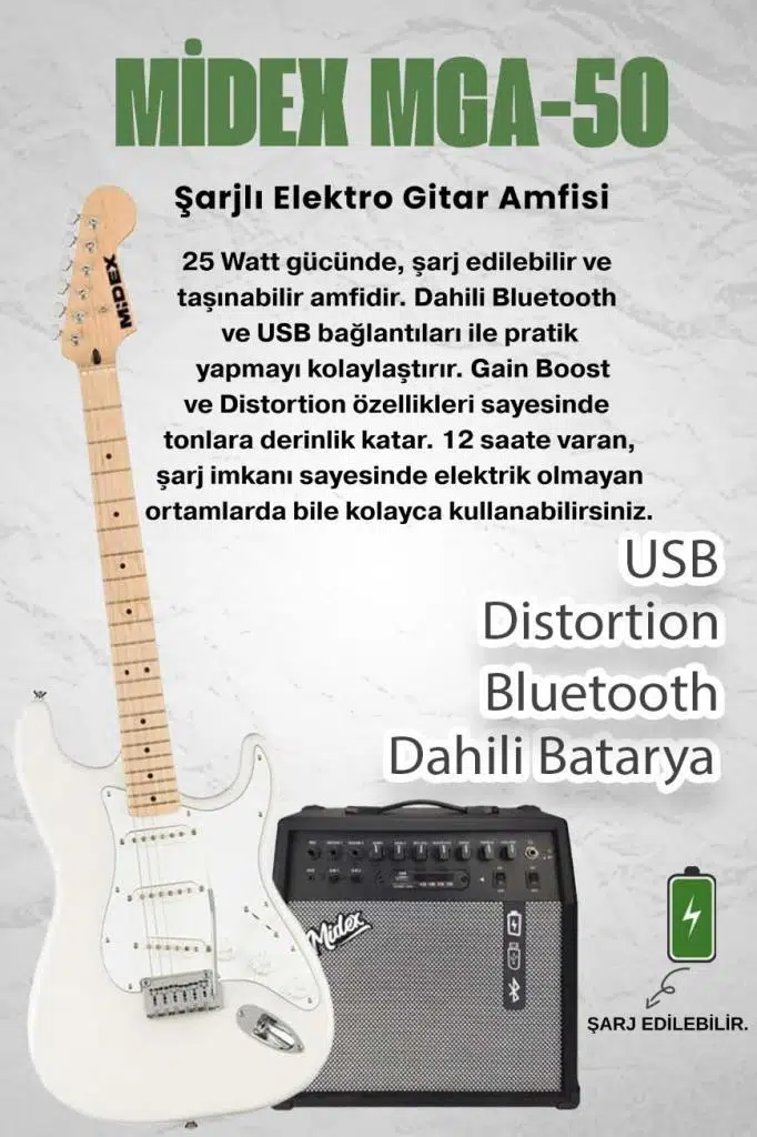Midex RPH-30WH-50AMP Maple Klavye SSS 50W Amfili Elektro Gitar Seti Midex RPH-30WH-50AMP Maple Klavye SSS 50W Amfili Elektro Gitar Seti