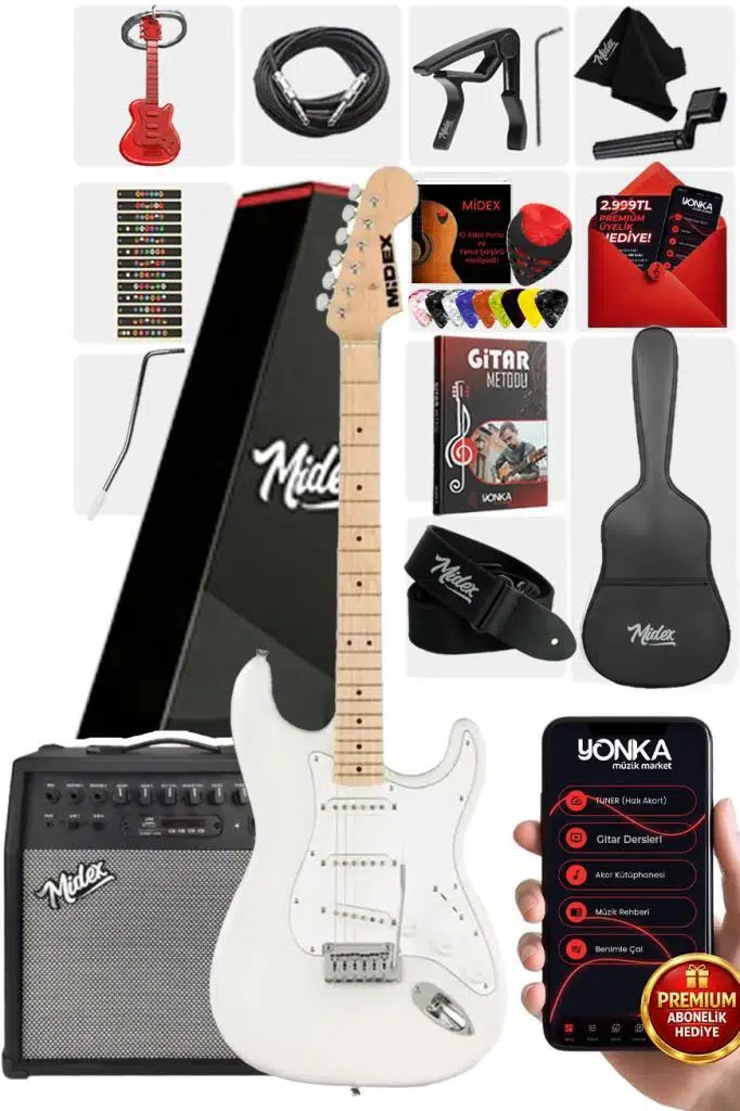 Midex RPH-30WH-50AMP Maple Klavye SSS 50W Amfili Elektro Gitar Seti Midex RPH-30WH-50AMP Maple Klavye SSS 50W Amfili Elektro Gitar Seti
