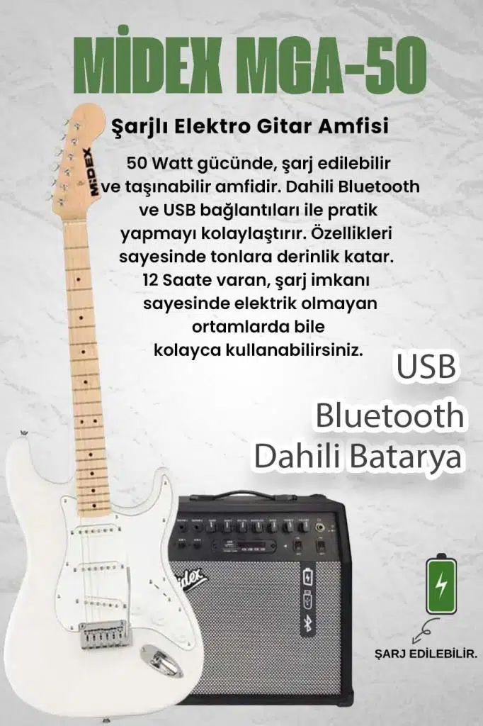 Midex RPH-30WH-50AMP Maple Klavye SSS 50W Amfili Elektro Gitar Seti Midex RPH-30WH-50AMP Maple Klavye SSS 50W Amfili Elektro Gitar Seti