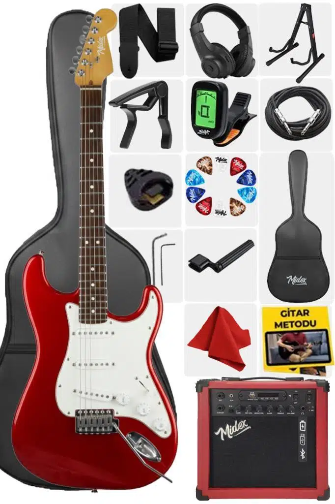 Midex RPH-30WRD-25AMP Kırmızı Renk Strat Kasa SSS 25W Amfili Elektro Gitar Seti