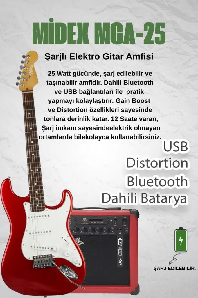 Midex RPH-30WRD-25AMP Kırmızı Renk Strat Kasa SSS 25W Amfili Elektro Gitar Seti