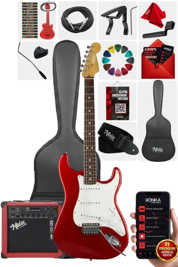 Midex RPH-30WRD-25AMP Kırmızı Renk Strat Kasa SSS 25W Amfili Elektro Gitar Seti Midex RPH-30WRD-25AMP Kırmızı Renk Strat Kasa SSS 25W Amfili Elektro Gitar Seti