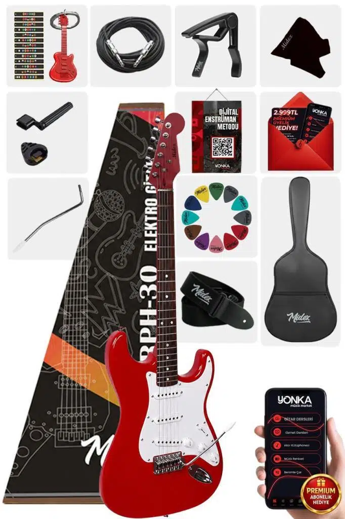 Midex RPH-30WRD Kırmızı Renk Gül Klavye Strat Kasa SSS Elektro Gitar Seti