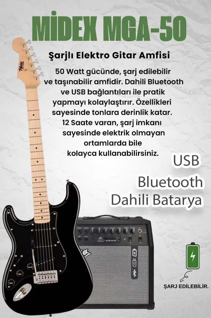 Midex RPH-31BK-50AMP Solak Elektro Gitar 50W Amfili Full Set