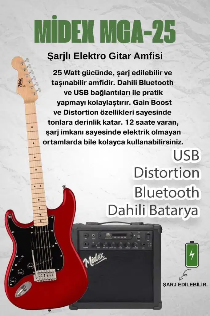 Midex RPH-31RD-25AMP Solak Elektro Gitar 25W Amfili Full Set
