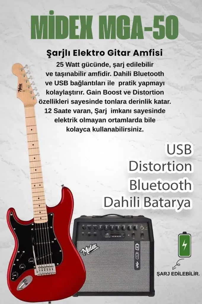 Midex RPH-31RD-50AMP Solak Elektro Gitar 50W Amfili Full Set