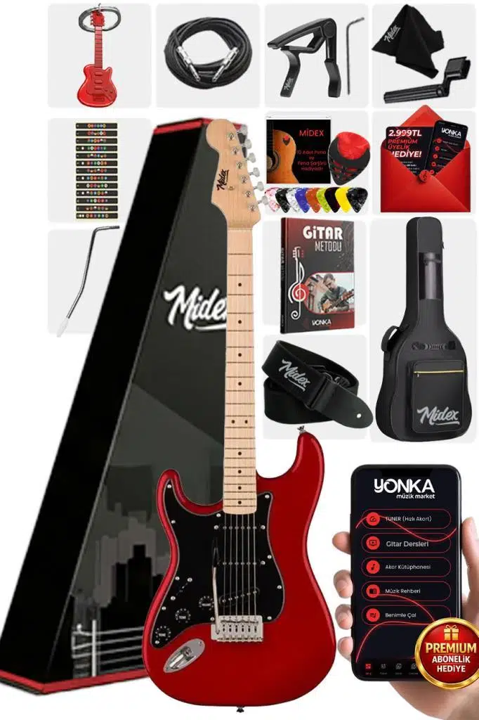 Midex RPH-31RD Solak Elektro Gitar Seti Maple Klavye Strat Kasa SSS Manyetik Midex RPH-31RD Solak Elektro Gitar Seti Maple Klavye Strat Kasa SSS Manyetik