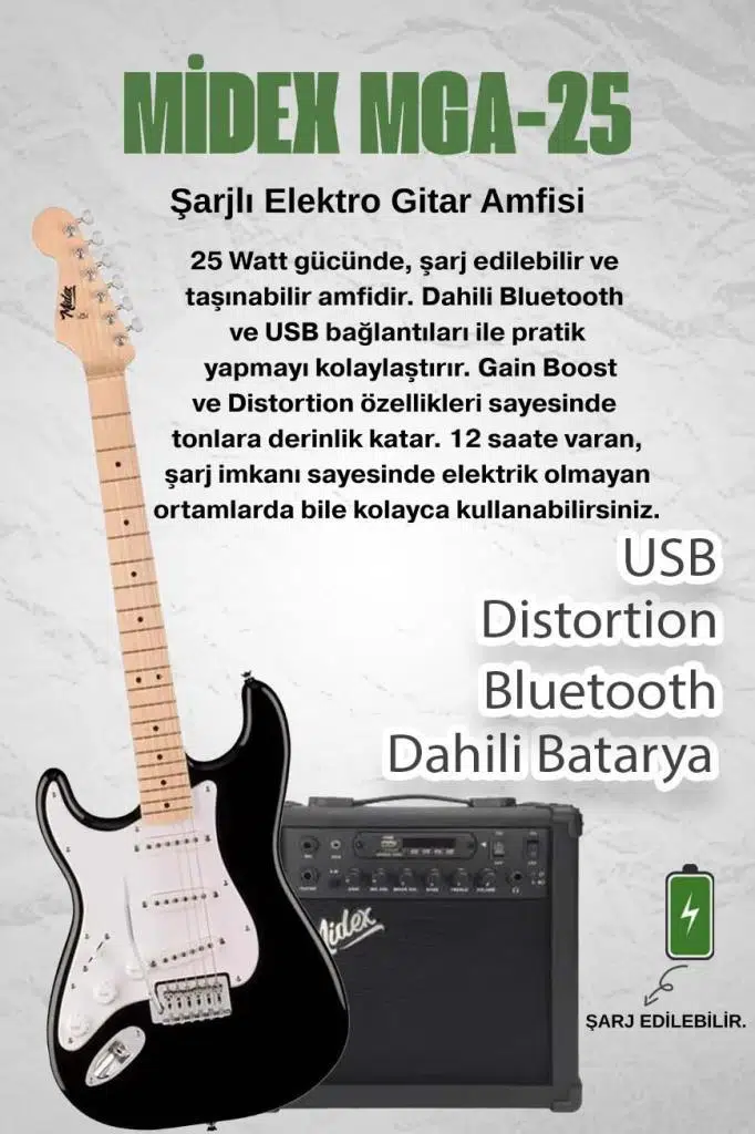 Midex RPH-31WB-25AMP Solak Elektro Gitar 25W Amfili Full Set