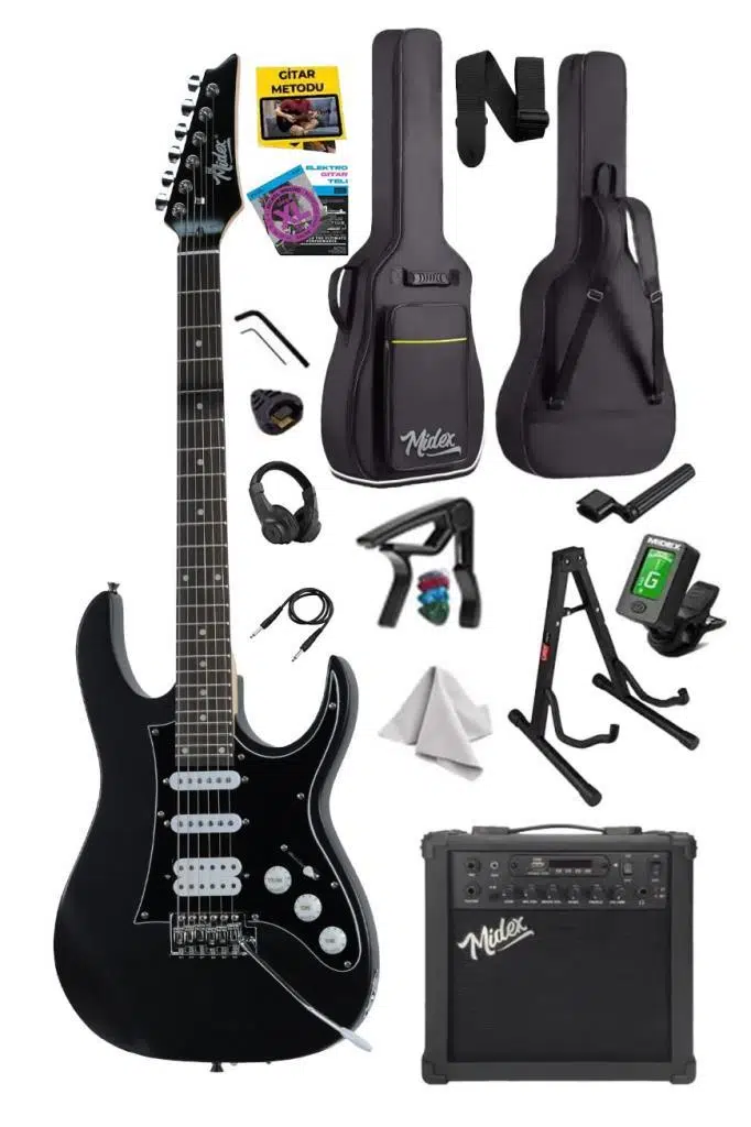 Midex RPH-320BK-25AMP Siyah Renk Super Strat Kasa HSS 25W Amfili Elektro Gitar Seti