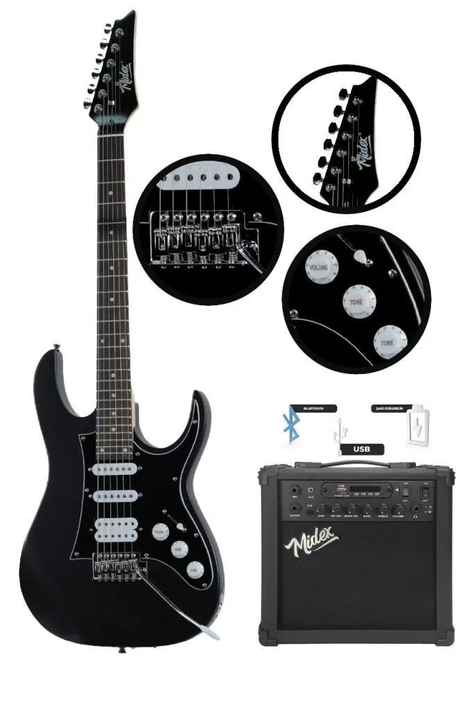 Midex RPH-320BK-25AMP Siyah Renk Super Strat Kasa HSS 25W Amfili Elektro Gitar Seti