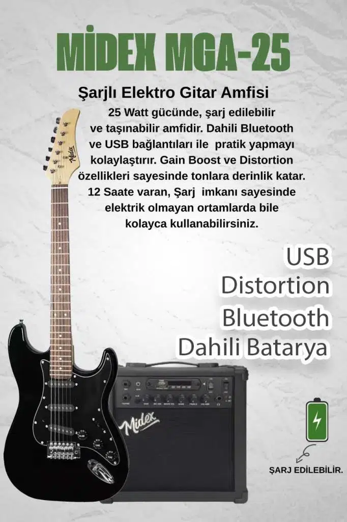 Midex RPH-320BK-25AMP Siyah Renk Super Strat Kasa HSS 25W Amfili Elektro Gitar Seti