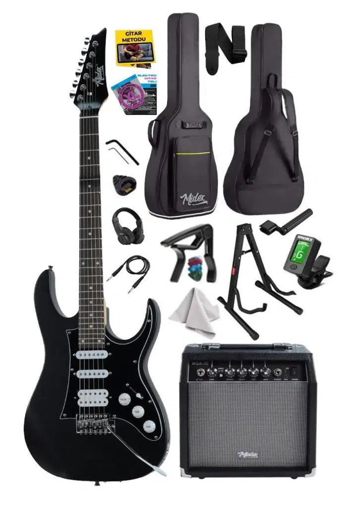 Midex RPH-320BK-35AMP Siyah Renk Super Strat Kasa HSS 35W Amfili Elektro Gitar Seti