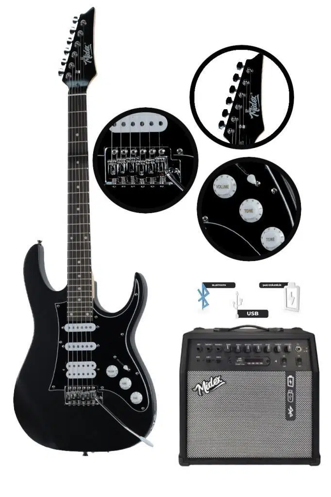 Midex RPH-320BK-50AMP Siyah Renk Super Strat Kasa HSS 50W Amfili Elektro Gitar Seti