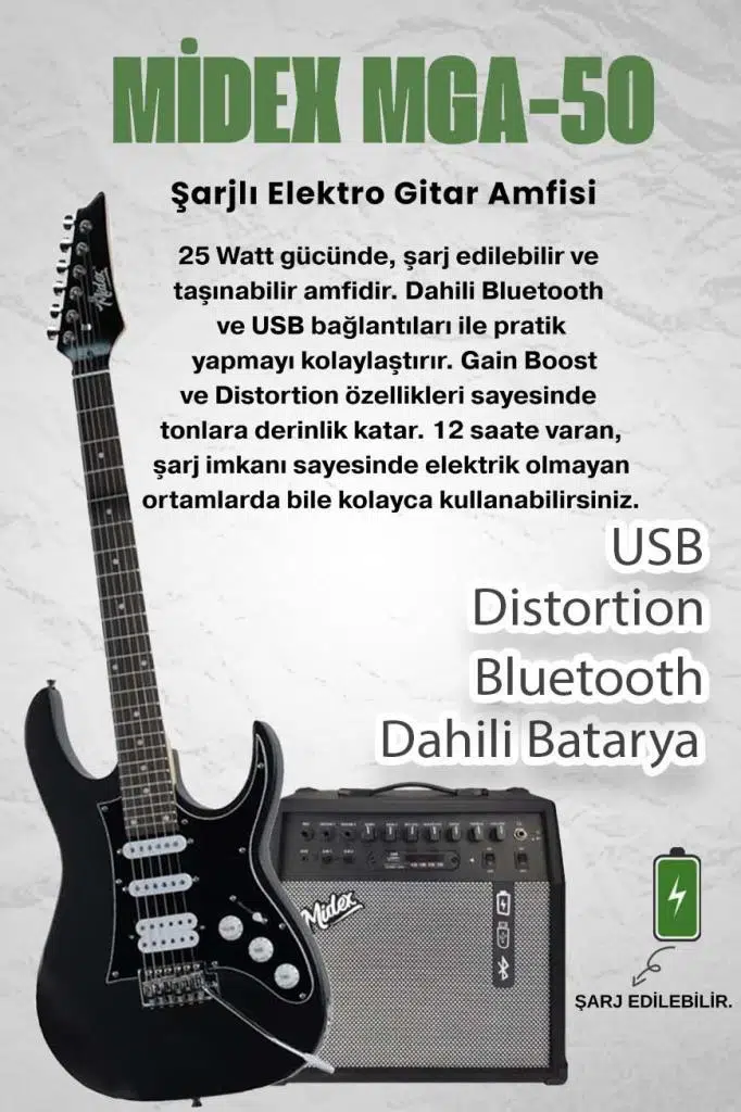 Midex RPH-320BK-50AMP Siyah Renk Super Strat Kasa HSS 50W Amfili Elektro Gitar Seti