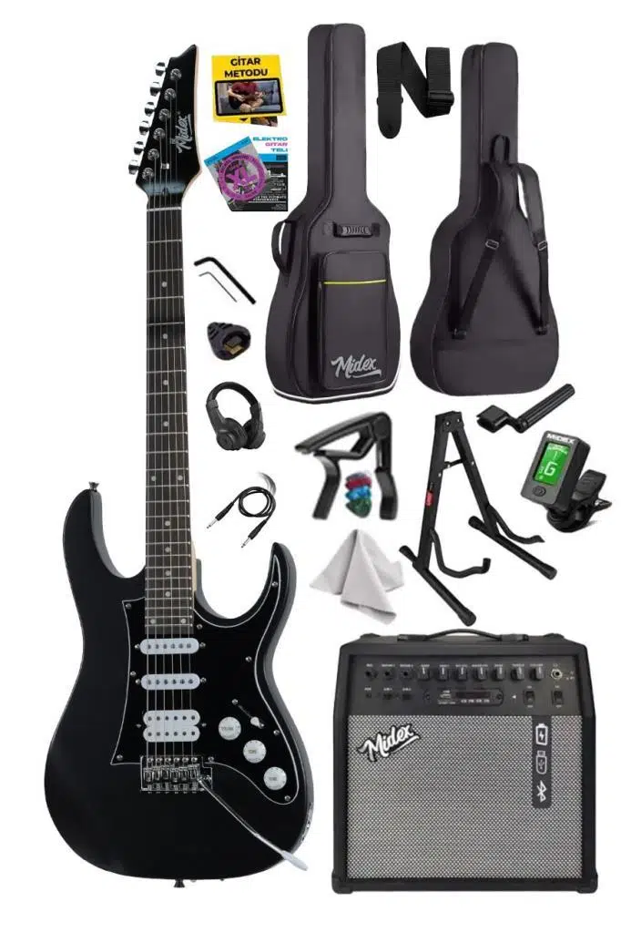 Midex RPH-320BK-50AMP Siyah Renk Super Strat Kasa HSS 50W Amfili Elektro Gitar Seti Midex RPH-320BK-50AMP Siyah Renk Super Strat Kasa HSS 50W Amfili Elektro Gitar Seti