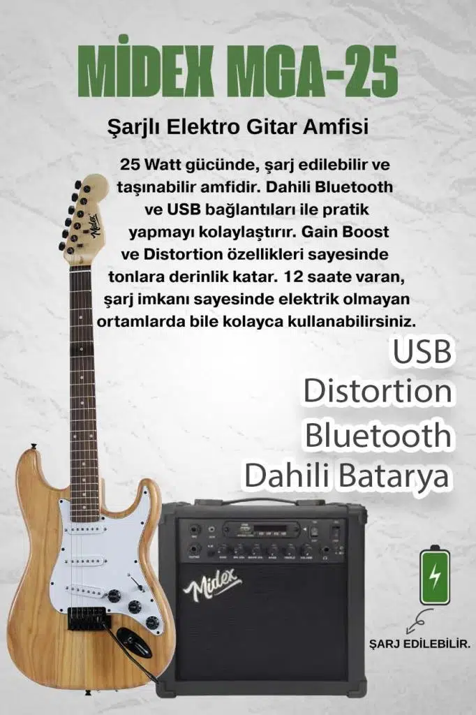 Midex RPH-320WD-25AMP Ahşap Renk Strat Kasa SSS 25W Amfili Elektro Gitar Seti