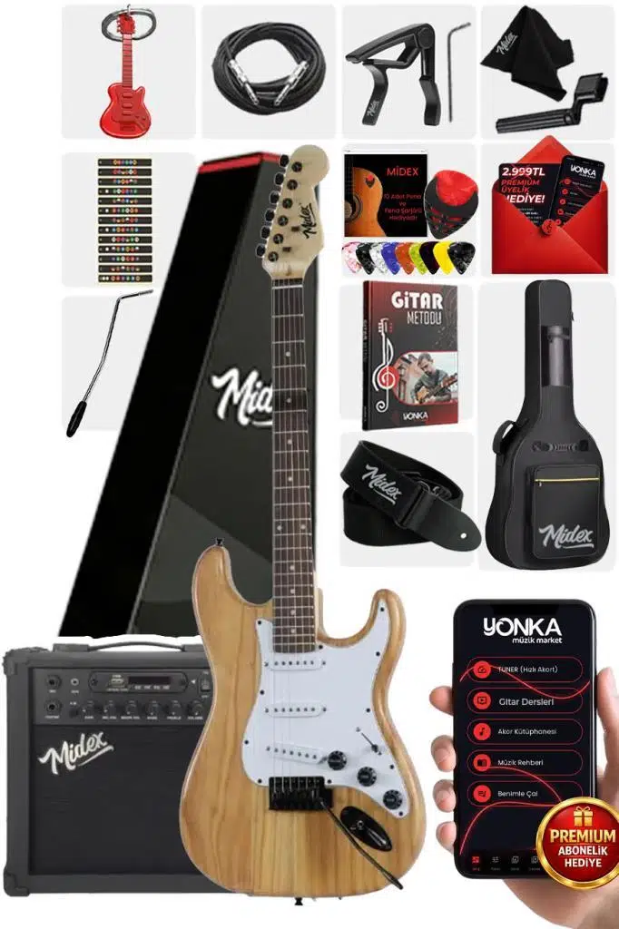 Midex RPH-320WD-25AMP Ahşap Renk Strat Kasa SSS 25W Amfili Elektro Gitar Seti Midex RPH-320WD-25AMP Ahşap Renk Strat Kasa SSS 25W Amfili Elektro Gitar Seti